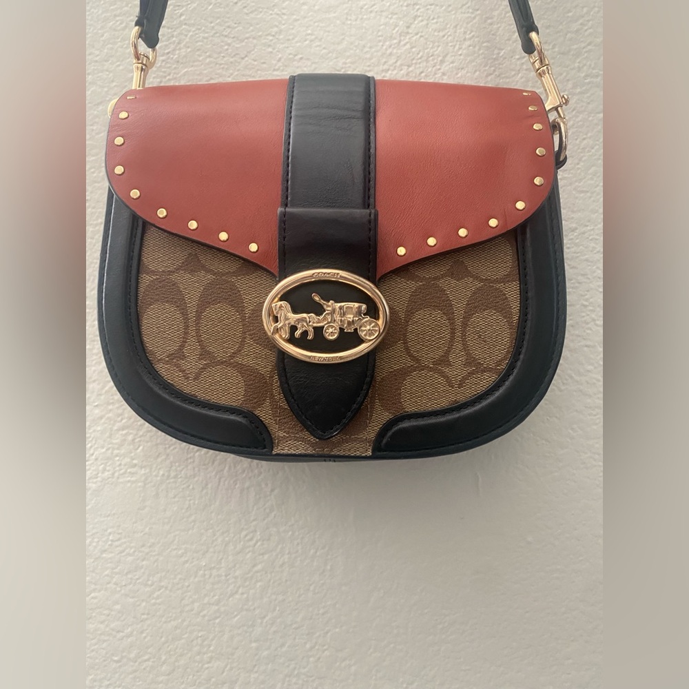 Coach Georgie Saddle Bag In Colorblock Signature Canvas W Rivets